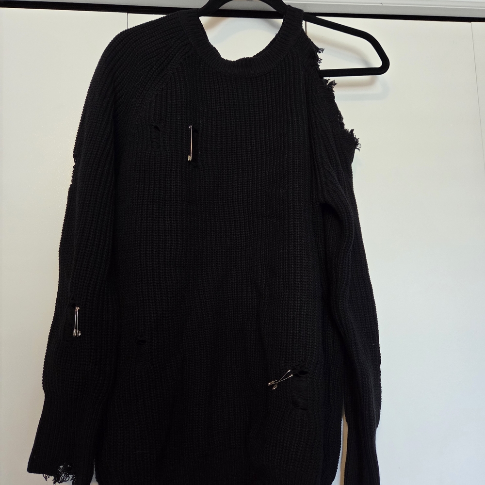 Black Cold Shoulder Distressed Sweater